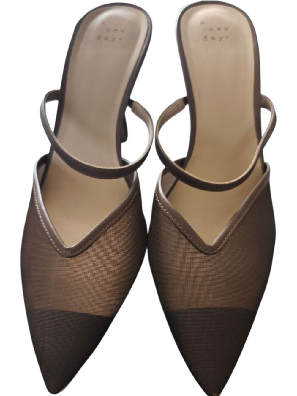 A New Day Pointed Toe Sheer Mesh Kitten heel mules Women Shoes Chocolate Size 11 - Picture 2 of 11